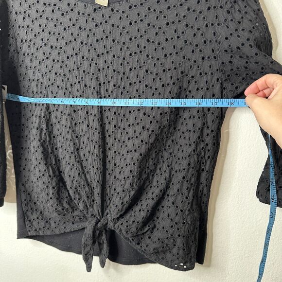 Allison Joy Black Eyelet Lace Front Tie 3/4 Sleeve Round Neck Blouse XS - Picture 9 of 10